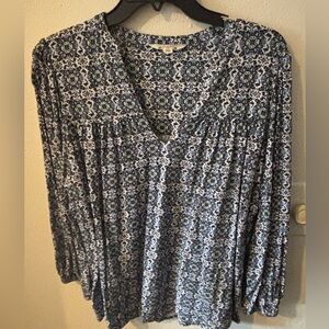 Boden Black, White and Blue 3/4 Sleeve Pleated Blouse